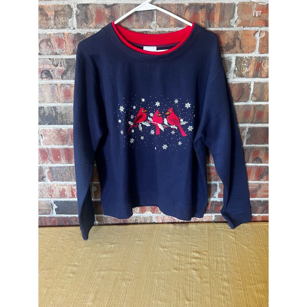 Collections ETC Red Cardinals with snowflakes Blue Sweatshirt Women's Size: L